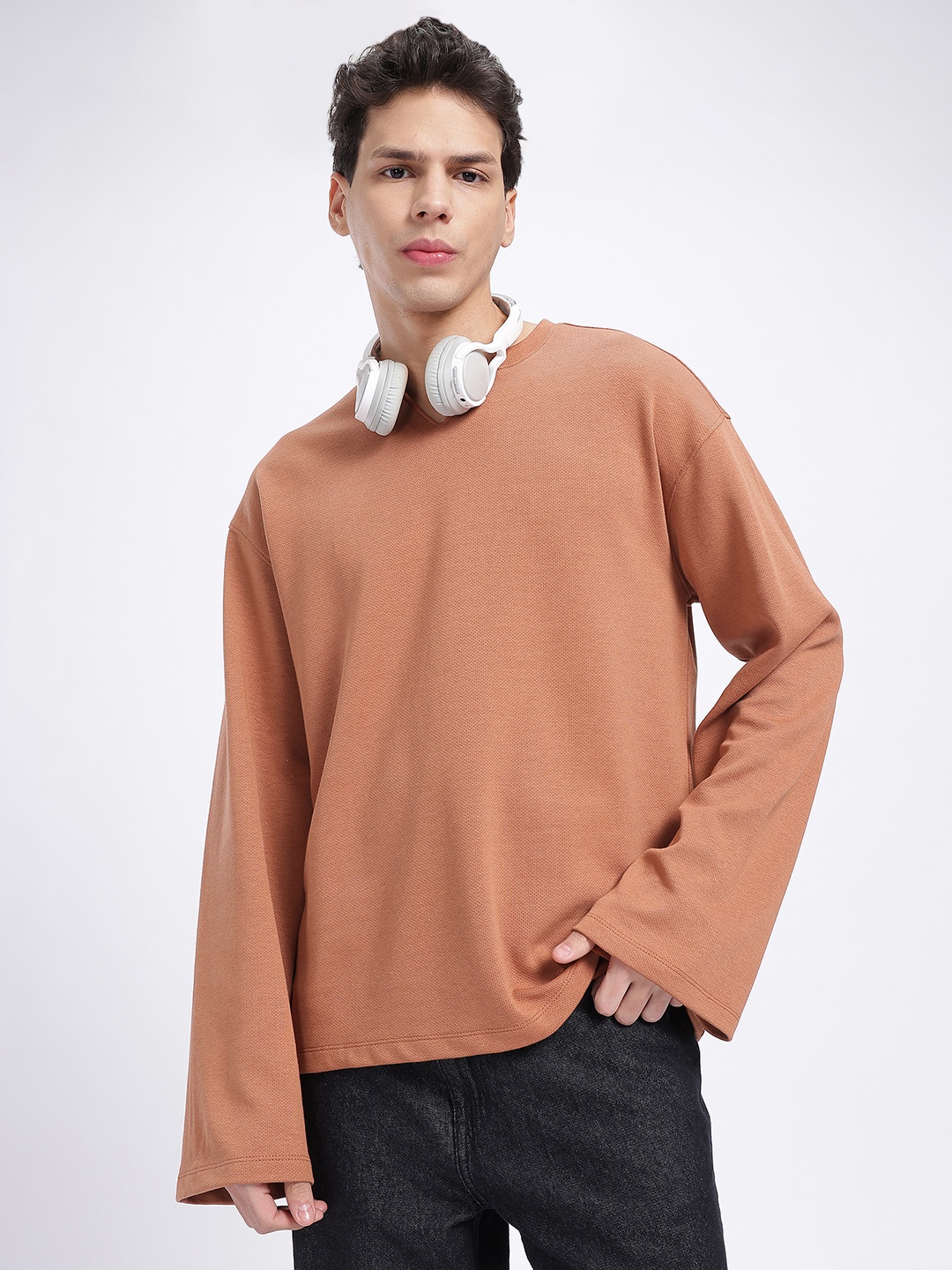 

glitchez Textured Transit Long Sleeves Oversized T-shirt, Rust