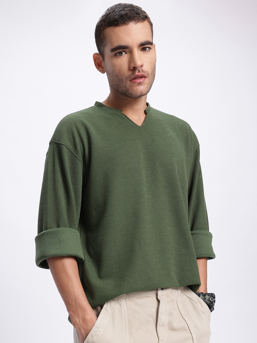 

glitchez Threaded Essentials Textured Oversized T-shirt, Green