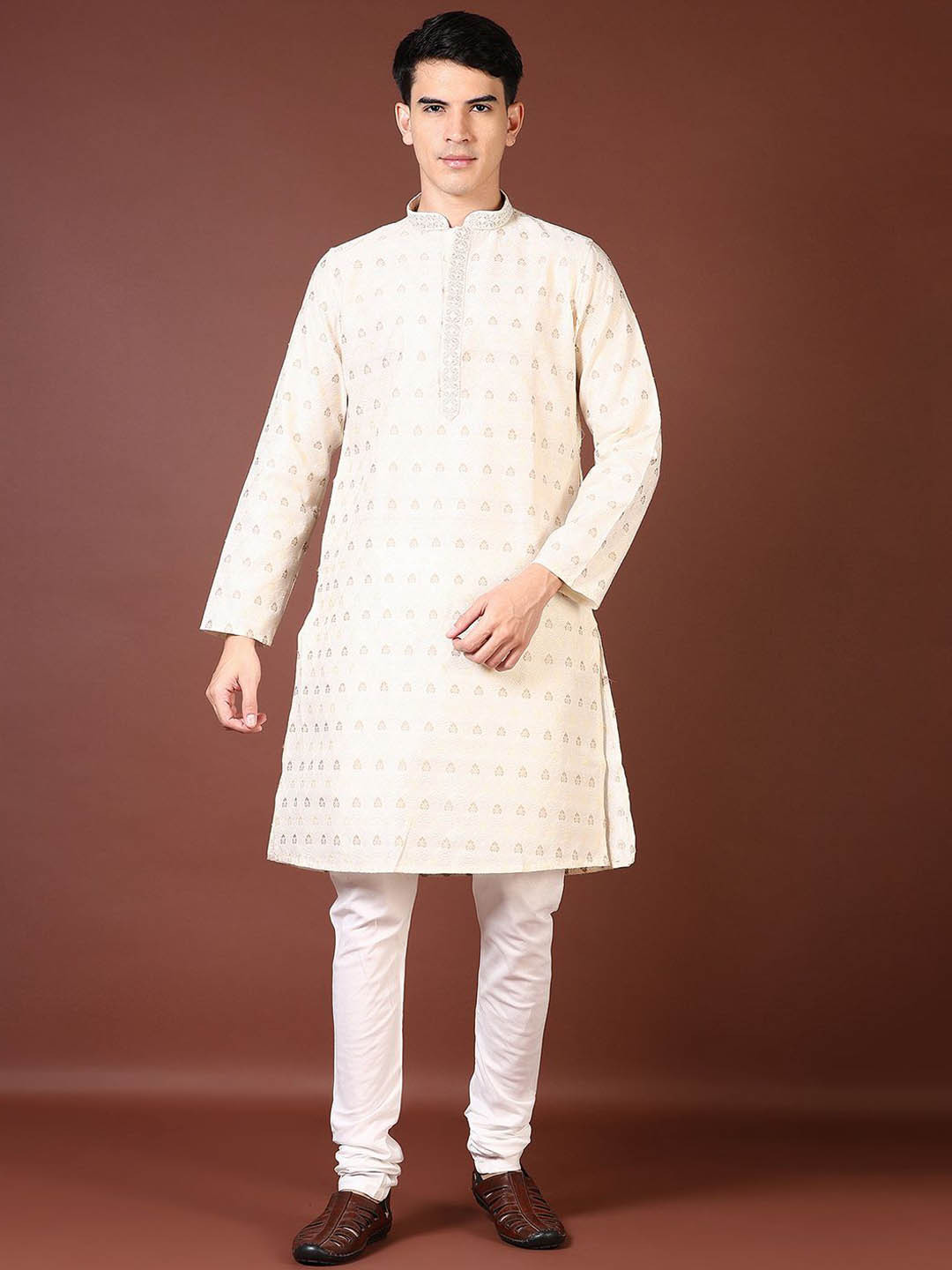 

V-Mart Ethnic Motifs Woven Design Mandarin Collar Straight Kurta With Pyjamas, Beige