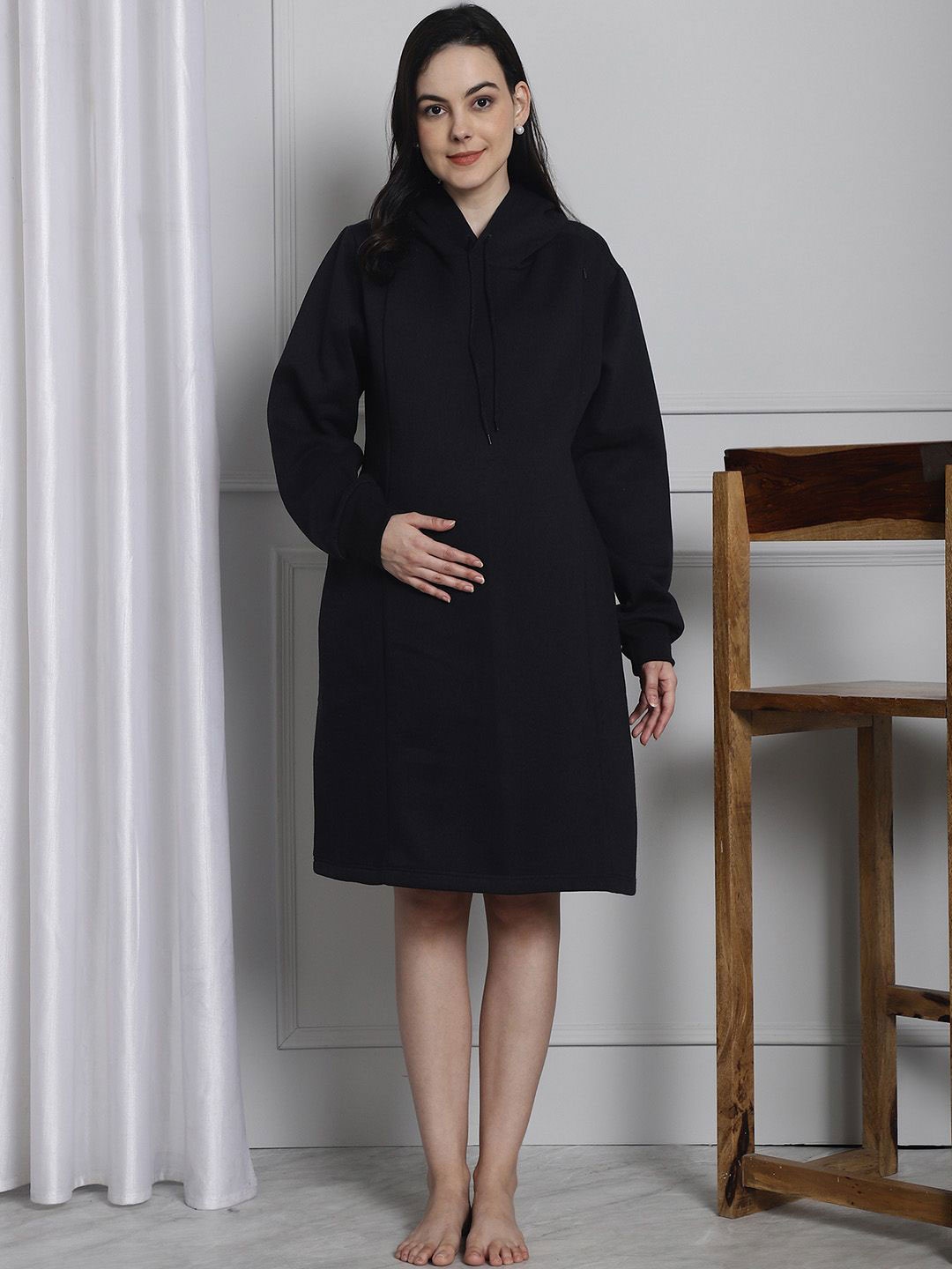 

Secret Wish Women Maternity Round Neck Nightdress, Black