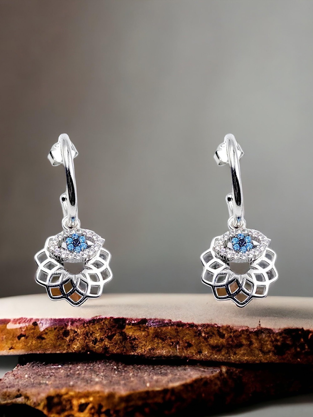

AMONROO Rhodium-Plated 925 Sterling Silver Cubic Zirconia Studded Half Hoop Earrings