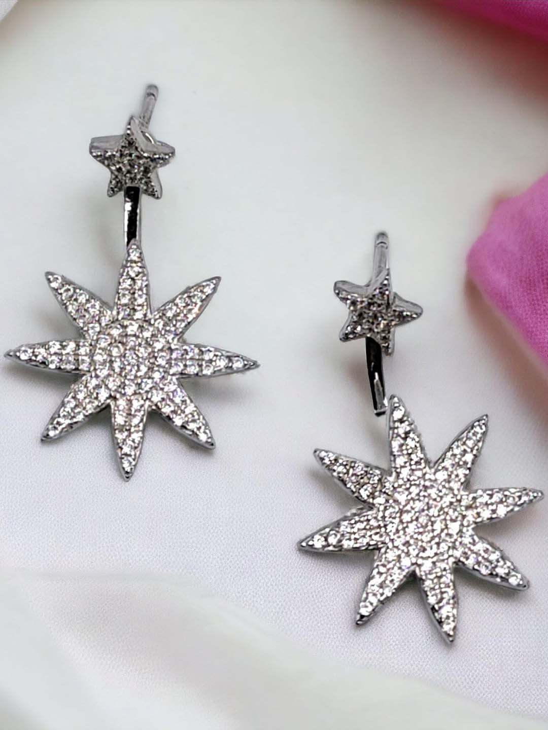 

AMONROO 925 Sterling Silver Rhodium-Plated CZ-Studded Star Shaped Drop Earrings