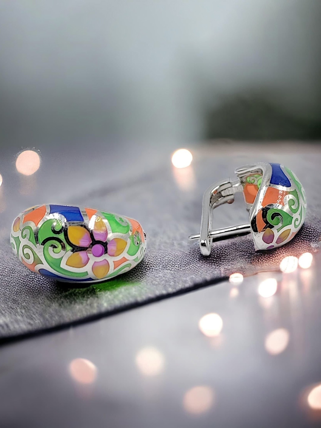 

AMONROO 925 Sterling Silver Rhodium-Plated Floral half Hoops Earrings, Orange