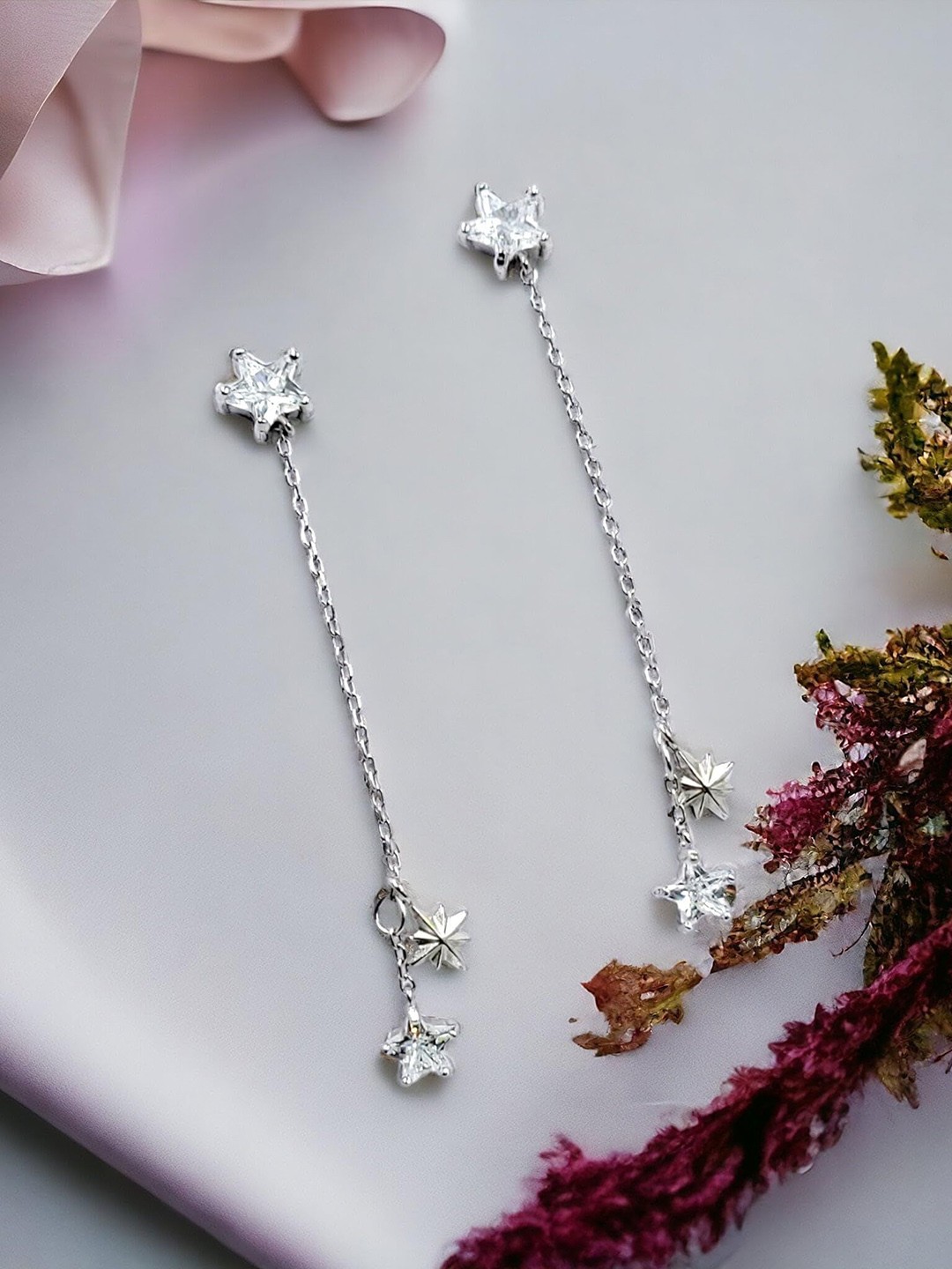 

AMONROO 925 Sterling Silver Rhodium-Plated Cubic Zirconia Studded Star Drop Earrings