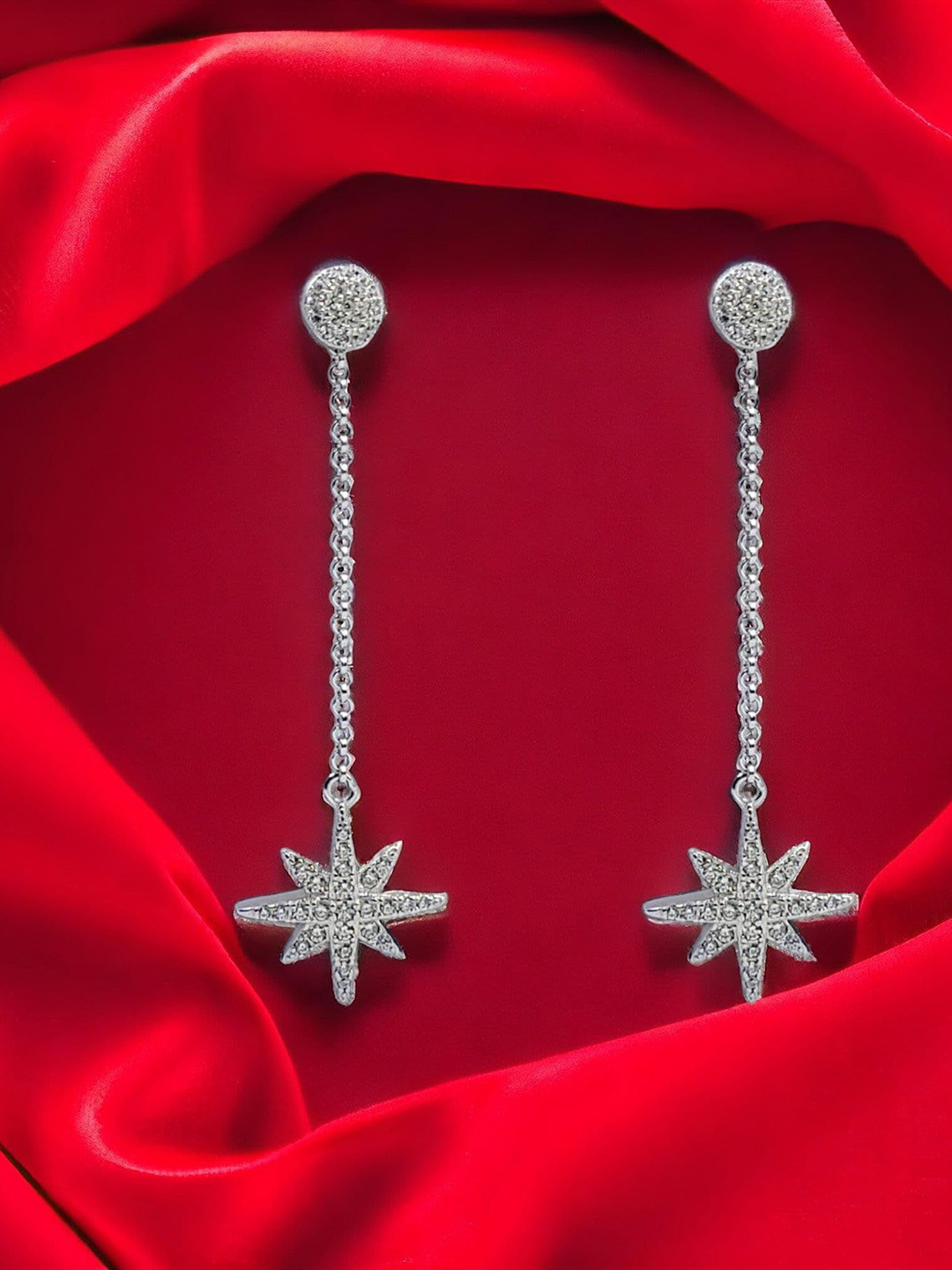 

AMONROO 925 Sterling Silver Rhodium-Plated CZ Stones Studded Star Shaped Drop Earrings
