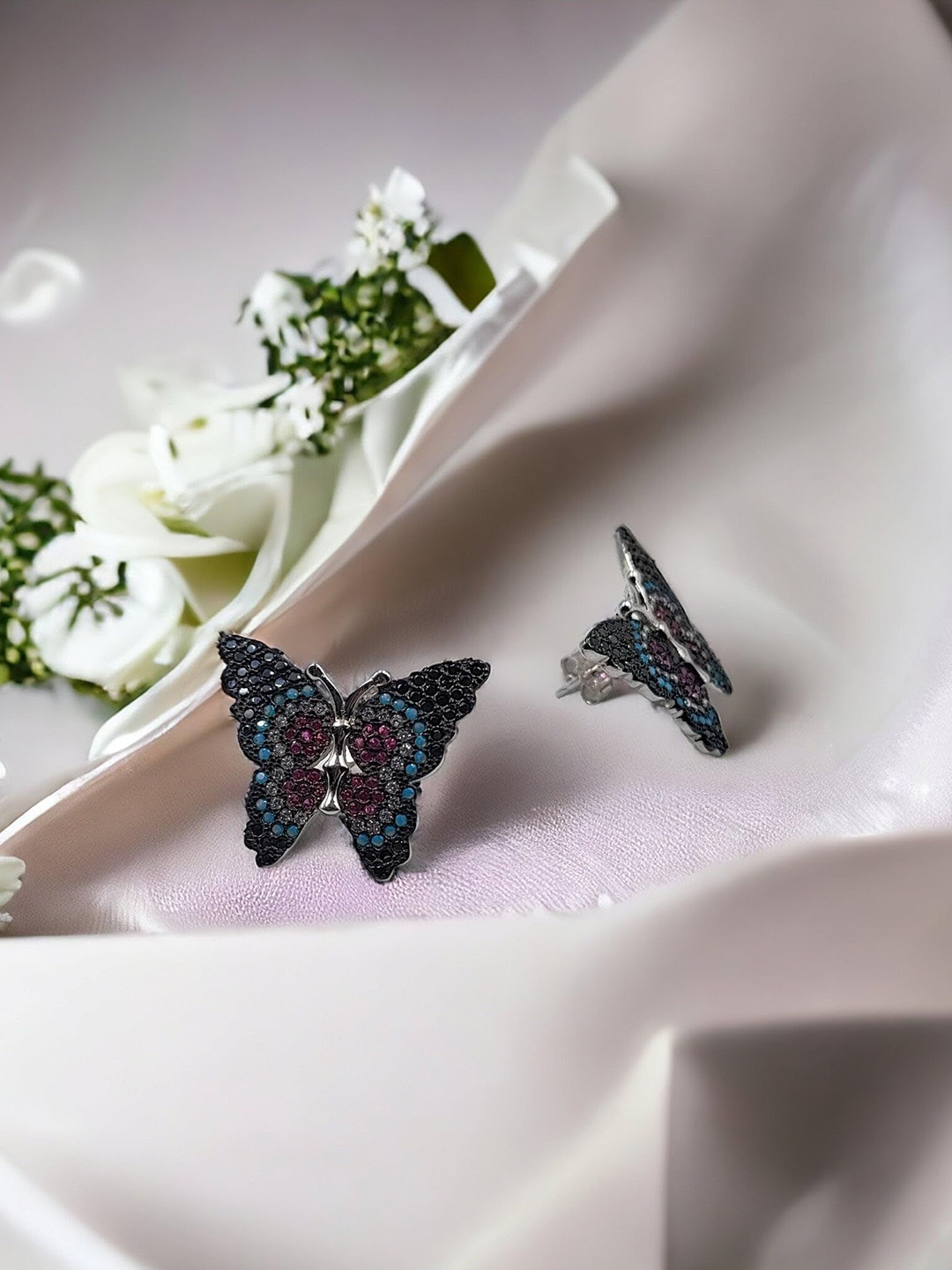 

AMONROO Sterling Silver Rhodium-Plated CZ Stones Studded Butterfly Shaped Studs, Black