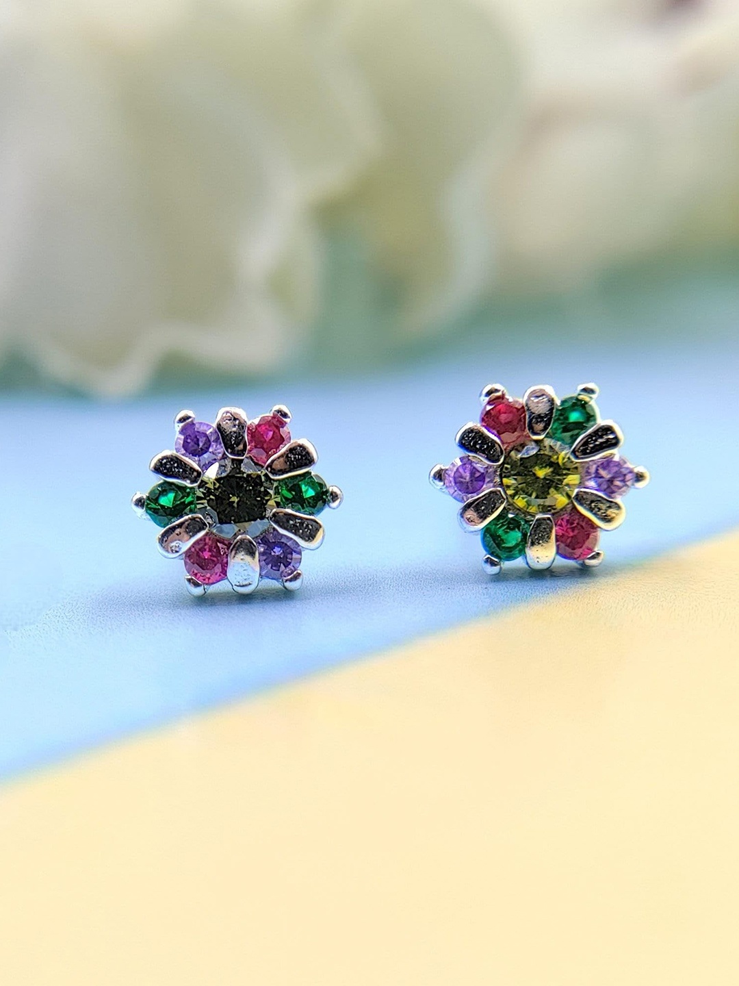 

AMONROO 925 Sterling Silver Rhodium-Plated Cubic Zirconia Stones Studded Floral Studs, Green