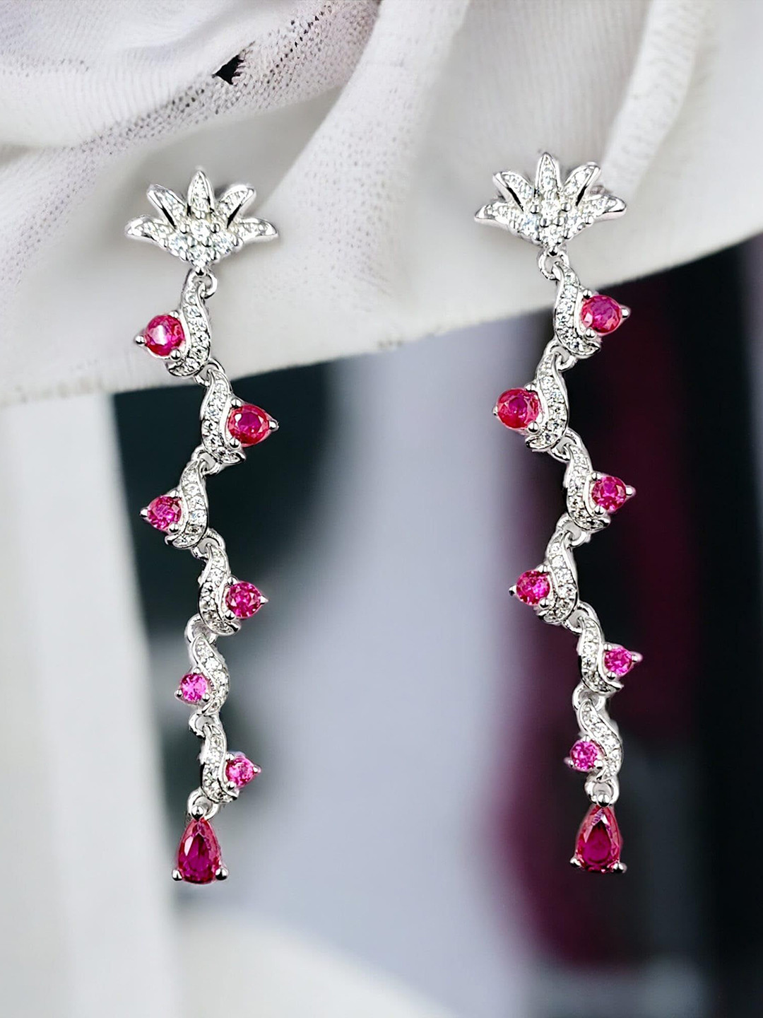 

AMONROO 925 Sterling Silver Rhodium-Plated CZ Studded Contemporary Shaped Drop Earrings, Pink