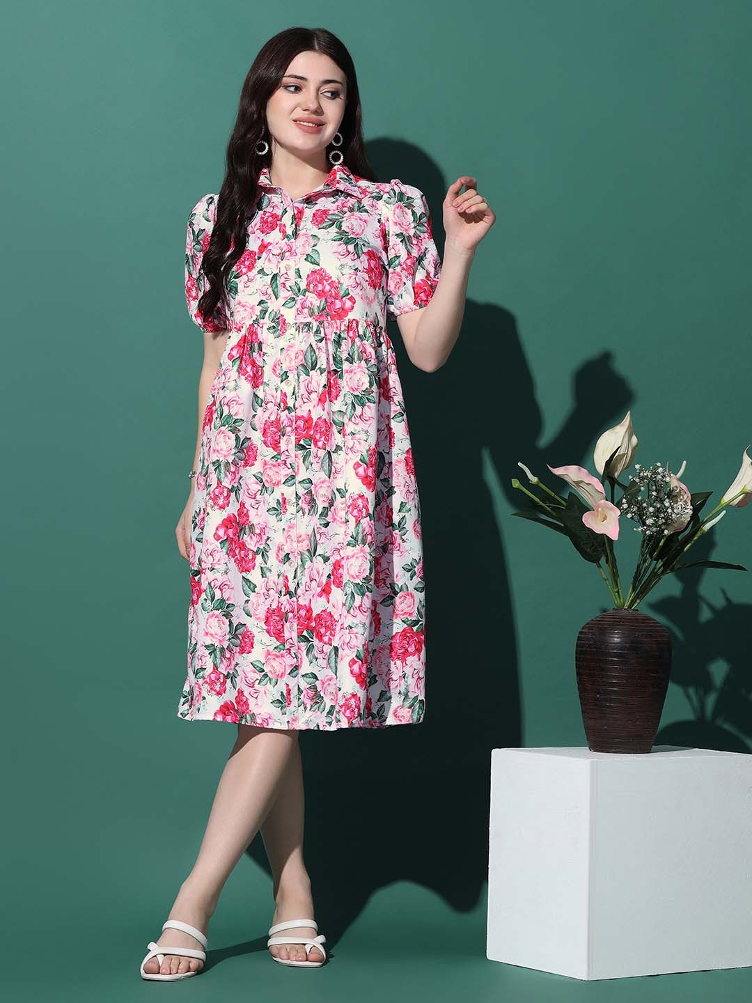 

Moda Rapido Women Floral Printed Puff Sleeve Fit & Flare Dress, Pink