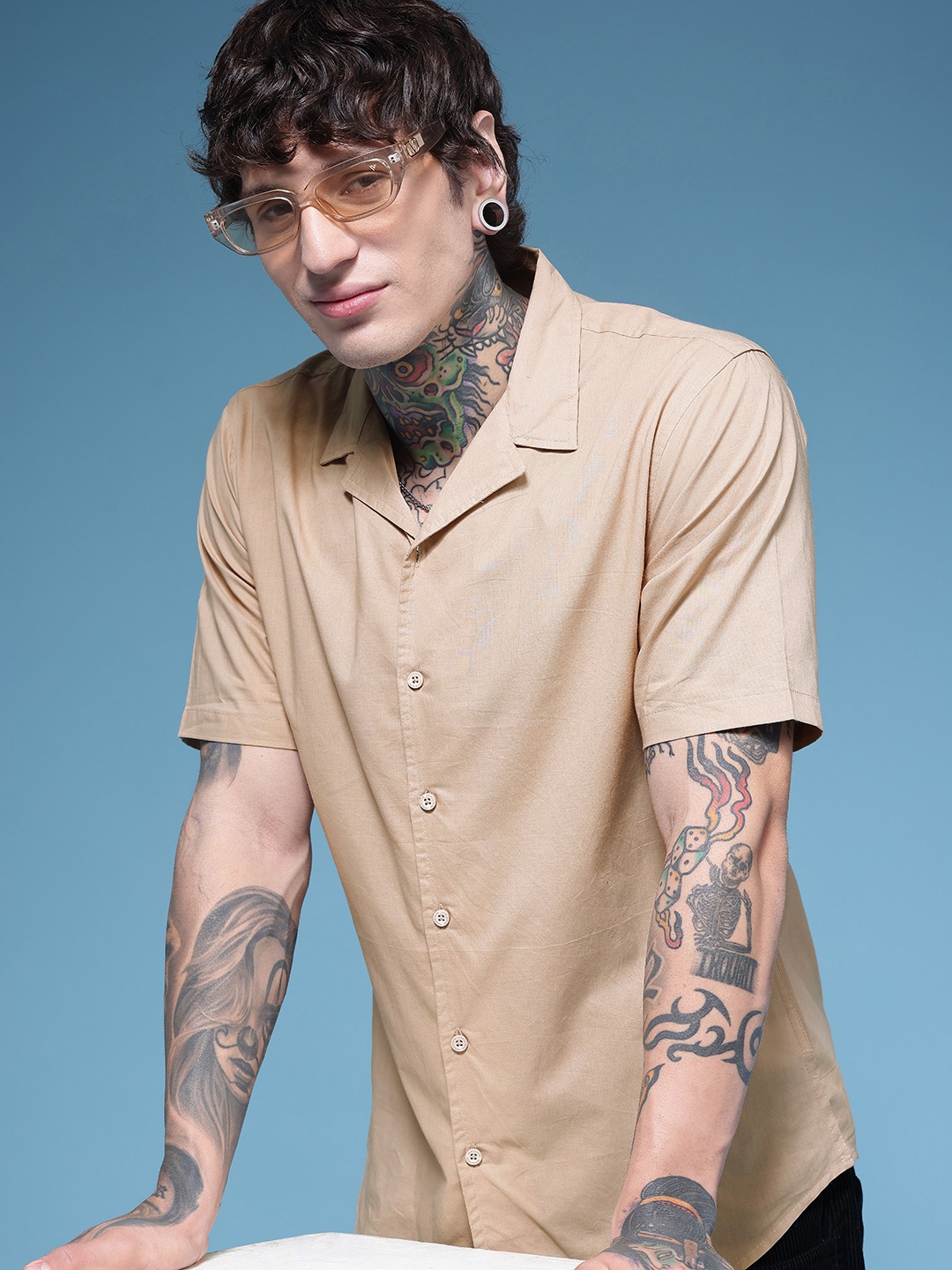 

HERE&NOW Cuban Collar Pure Cotton Casual Shirt, Beige