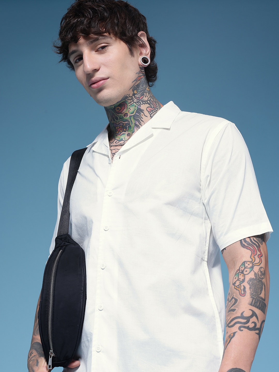 

HERE&NOW Cuban Collar Pure Cotton Casual Shirt, White