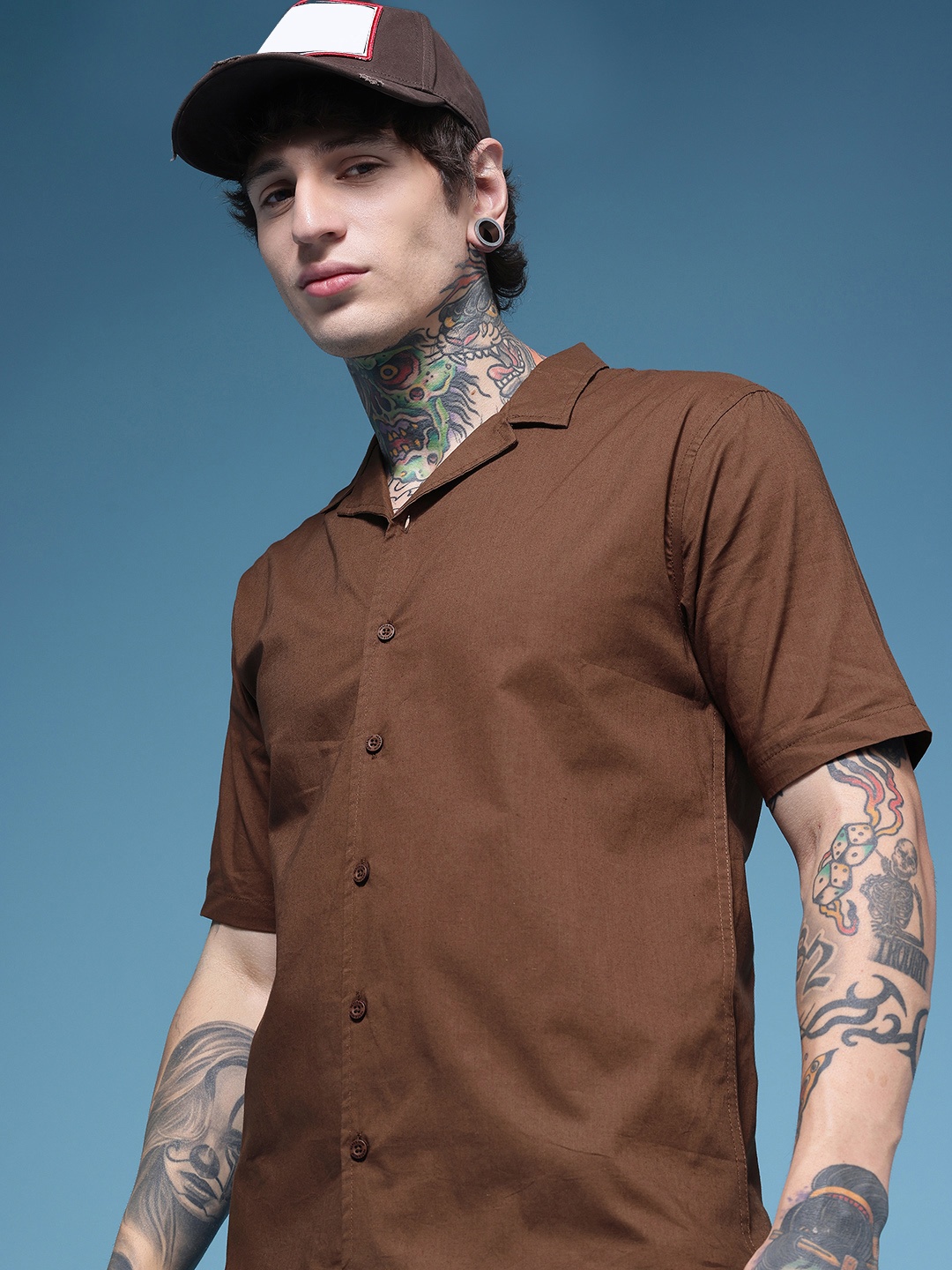 

HERE&NOW Cuban Collar Pure Cotton Casual Shirt, Brown