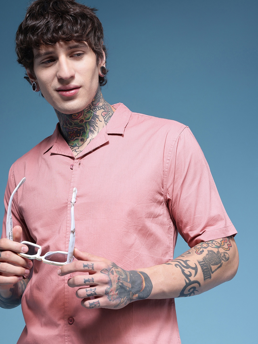 

HERE&NOW Cuban Collar Pure Cotton Casual Shirt, Pink