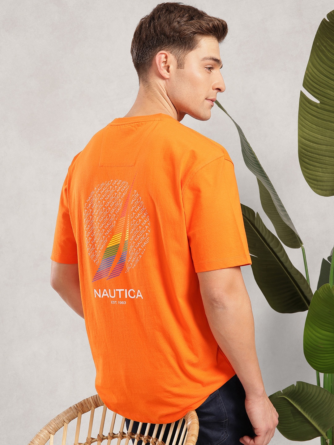 

Nautica Brand Logo Printed Drop-Shoulder Sleeves Pure Cotton T-shirt, Orange