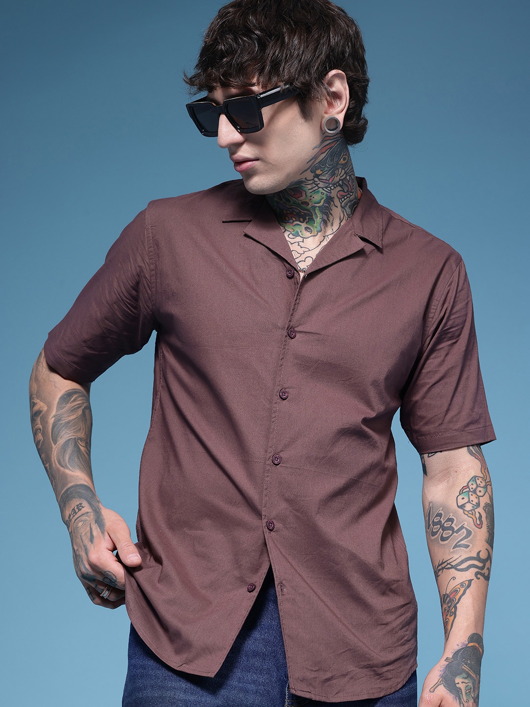 

HERE&NOW Cuban Collar Pure Cotton Casual Shirt, Mauve