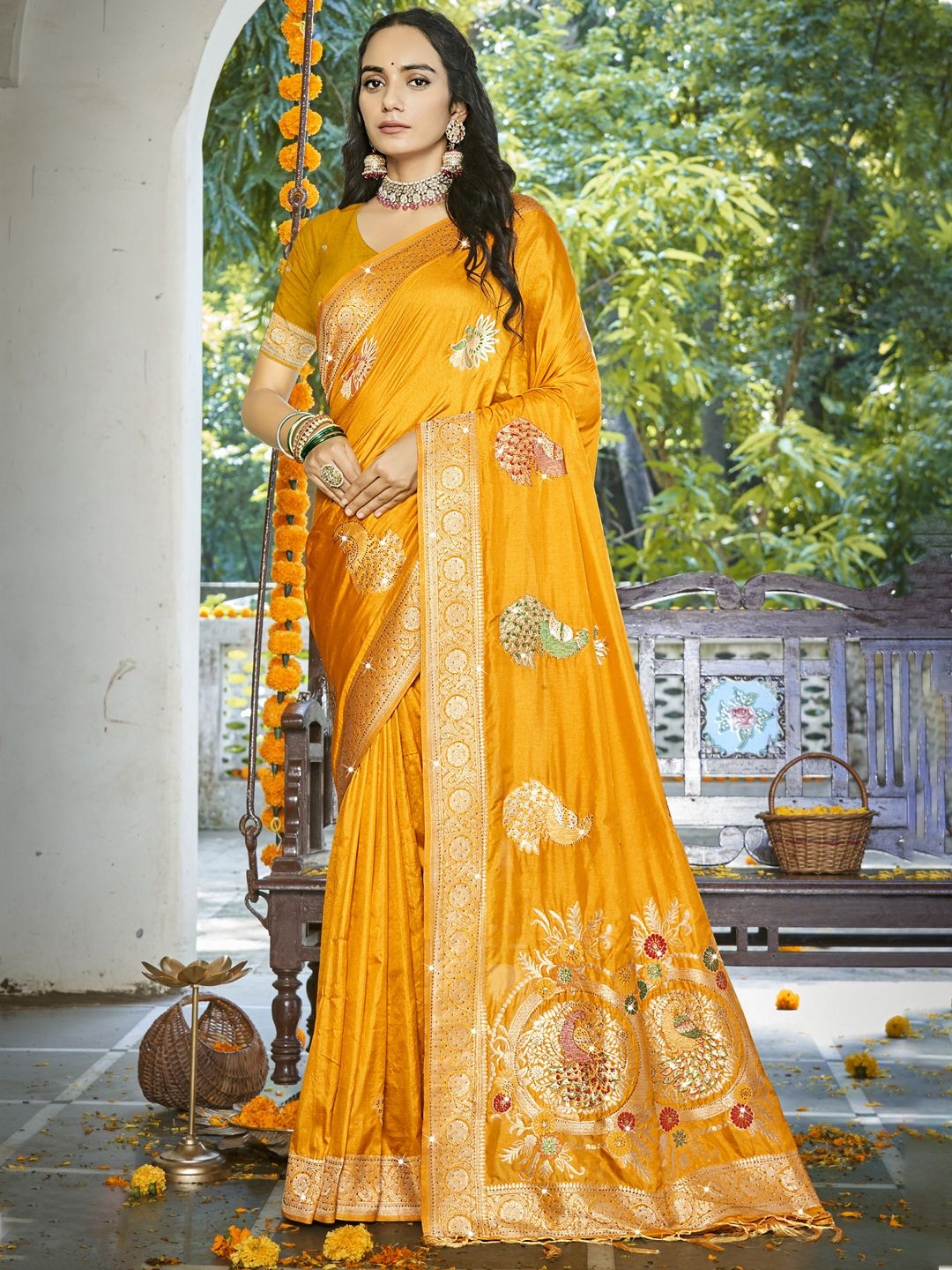 

SANGAM PRINTS Ethnic Motifs Beads and Stones Tussar Saree, Mustard