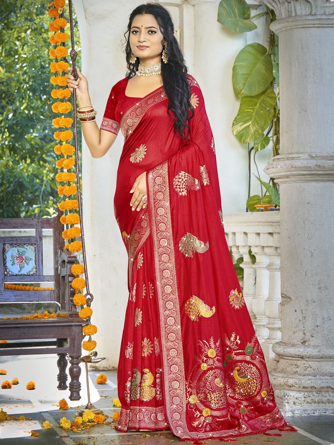 

SANGAM PRINTS Woven Design Zari Tussar Saree, Red