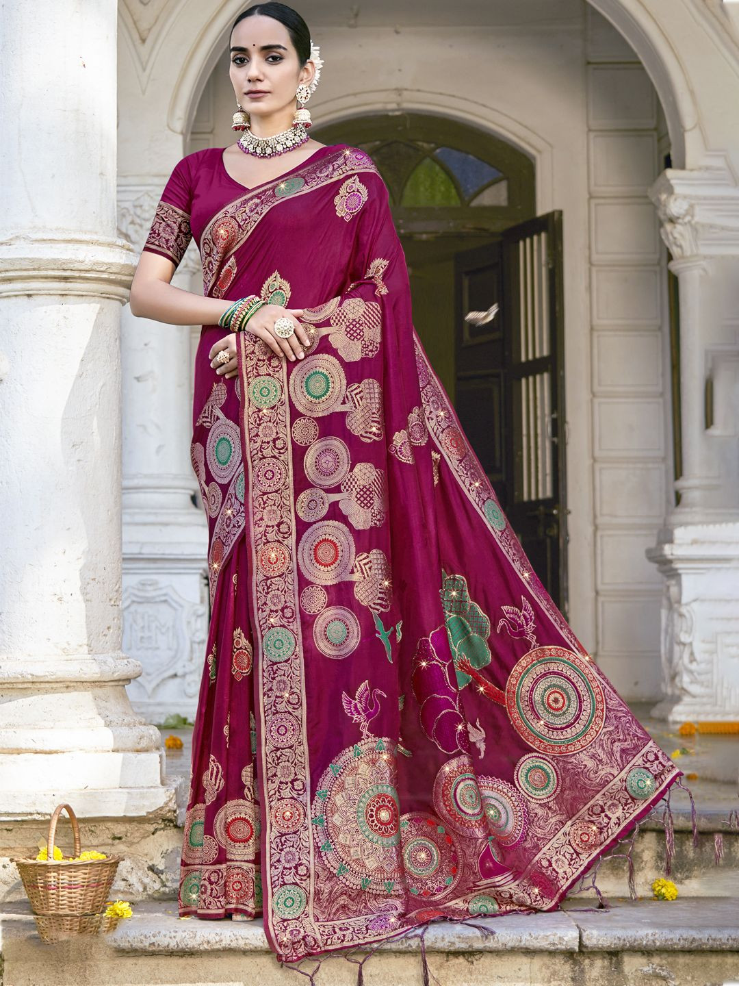

SANGAM PRINTS Women Woven Design Zari Tussar Saree, Magenta