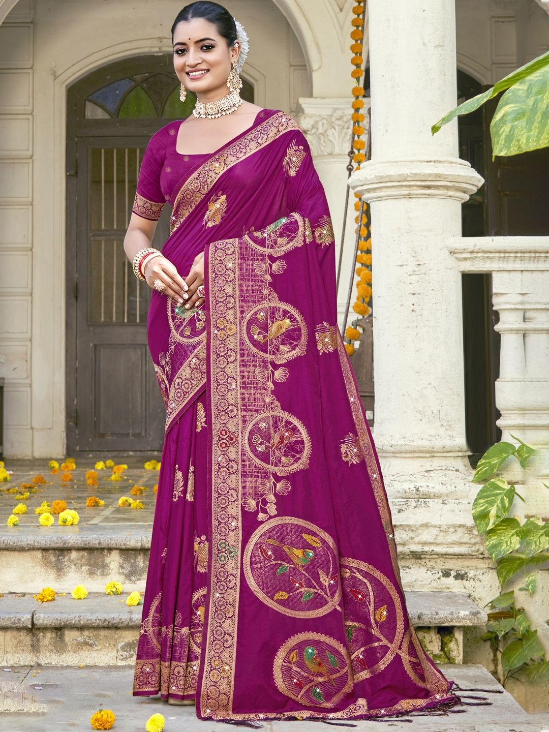 

SANGAM PRINTS Woven Design Zari Silk Blend Designer Tussar Saree, Magenta