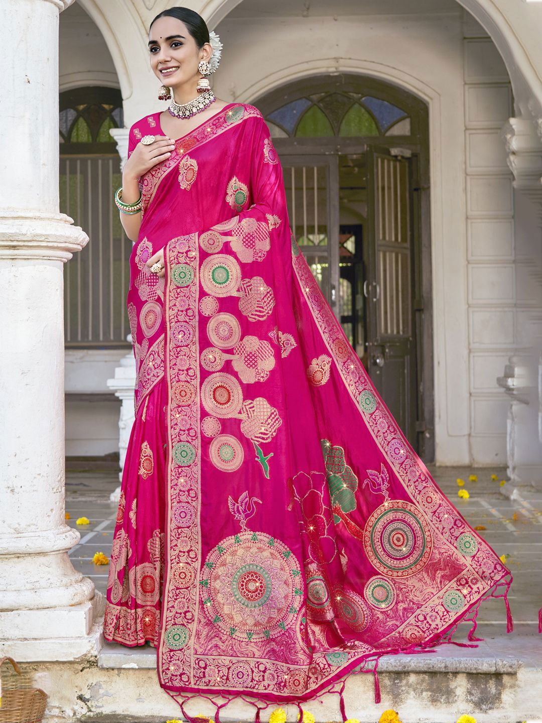 

SANGAM PRINTS Ethnic Motifs Woven Design Tussar Saree, Magenta