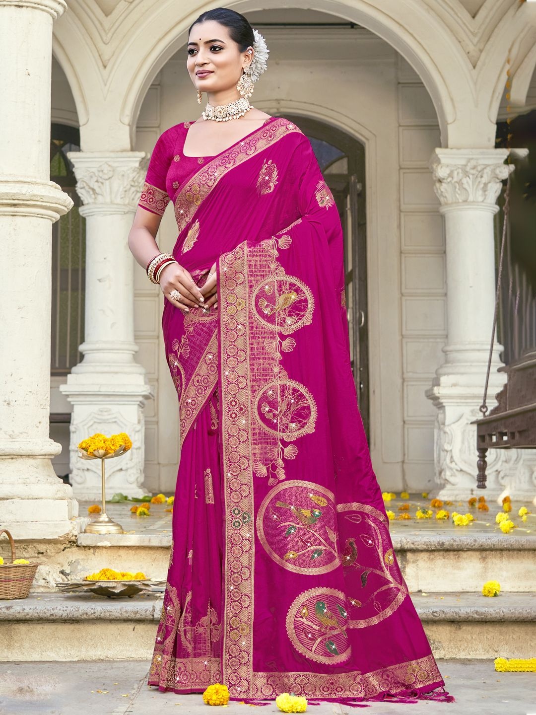 

SANGAM PRINTS Woven Design Zari Designer Tussar Saree, Magenta