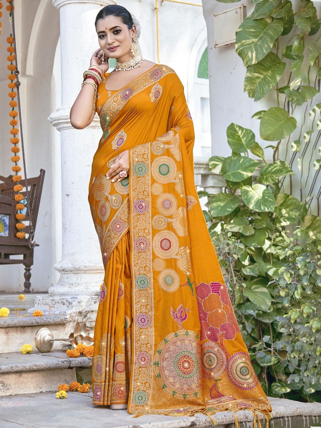 

SANGAM PRINTS Woven Design Zari Silk Blend Tussar Saree, Mustard