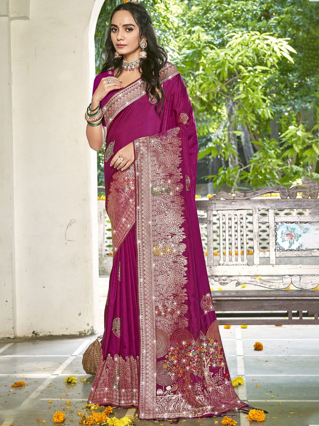 

SANGAM PRINTS Woven Design Zari Designer Tussar Saree, Magenta