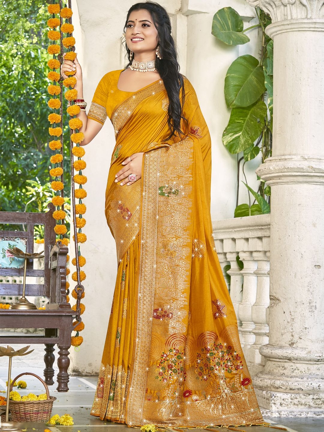 

SANGAM PRINTS Women Woven Design Zari Tussar Saree, Mustard