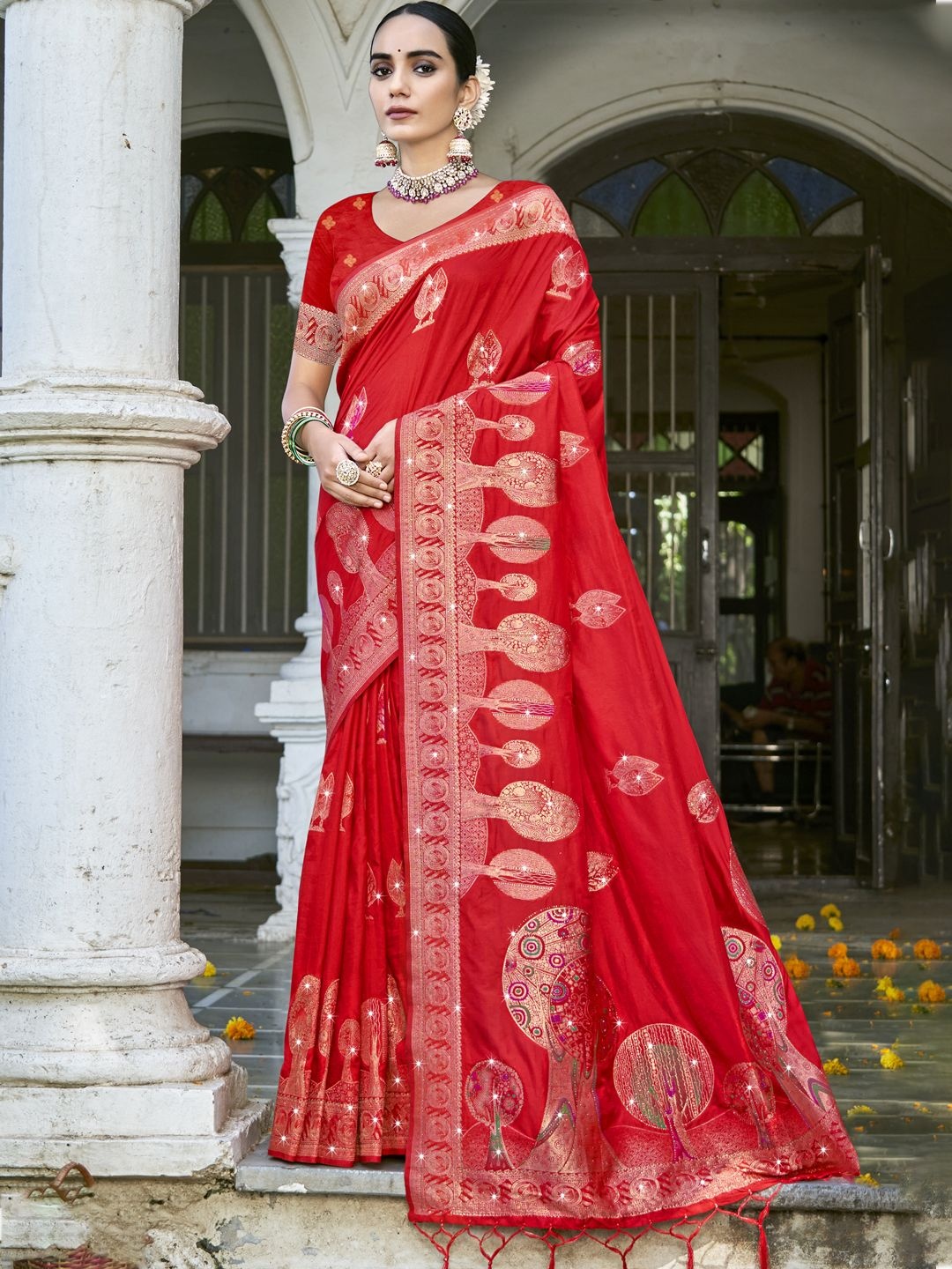 

SANGAM PRINTS Woven Design Zari Tussar Saree, Red