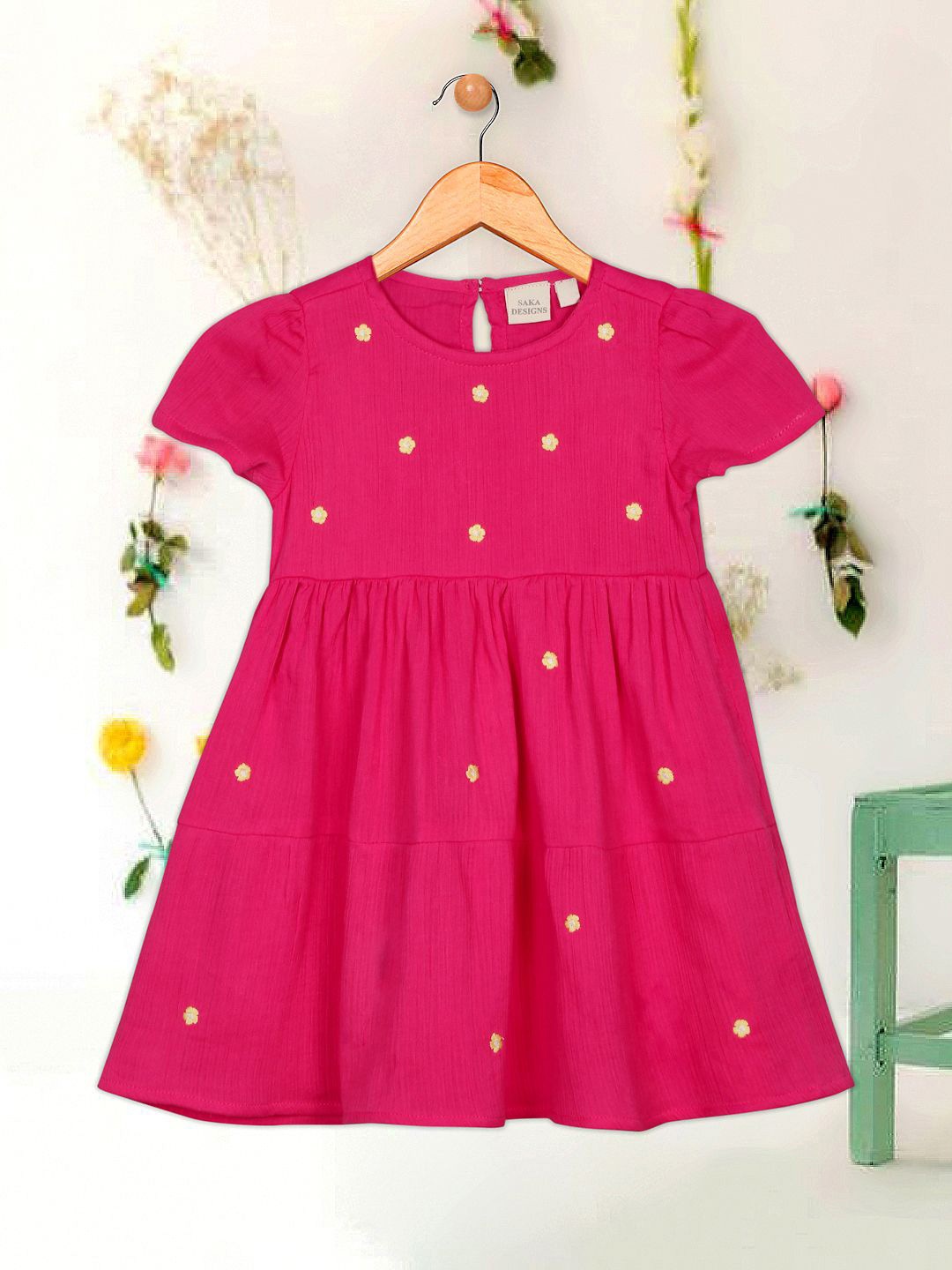 

SAKA DESIGNS Girls Floral Embroidered Cotton Tiered Fit & Flare Dress, Pink