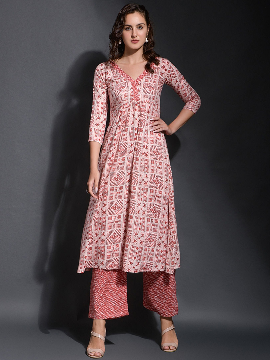 

SAZRIKA Geometric Printed V-Neck A-Line Kurta with Palazzo, Peach