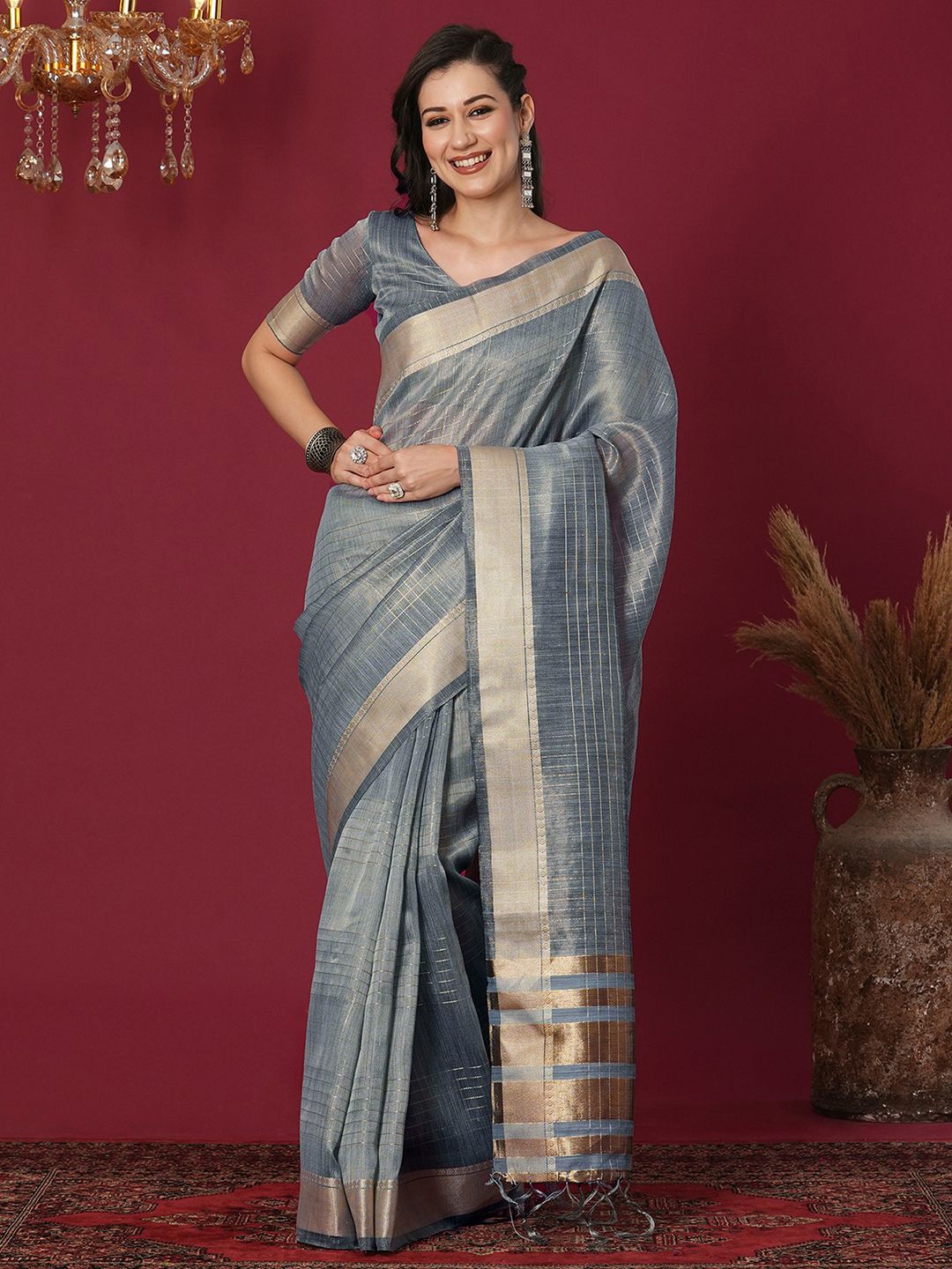 

Mitera Woven Design Zari Organza Saree, Grey