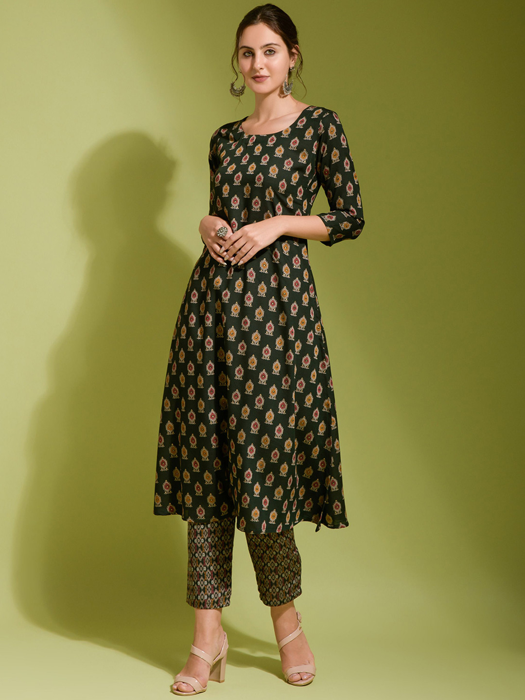 

SAZRIKA Ethnic Motifs Printed Round Neck A-Line Kurta with Trouser, Green