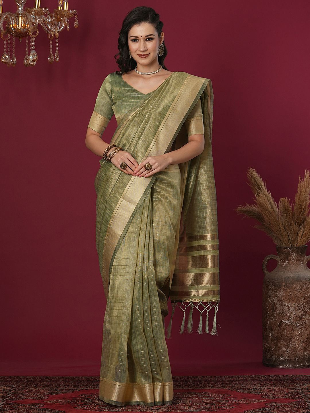 

Mitera Striped Zari Organza Saree, Green