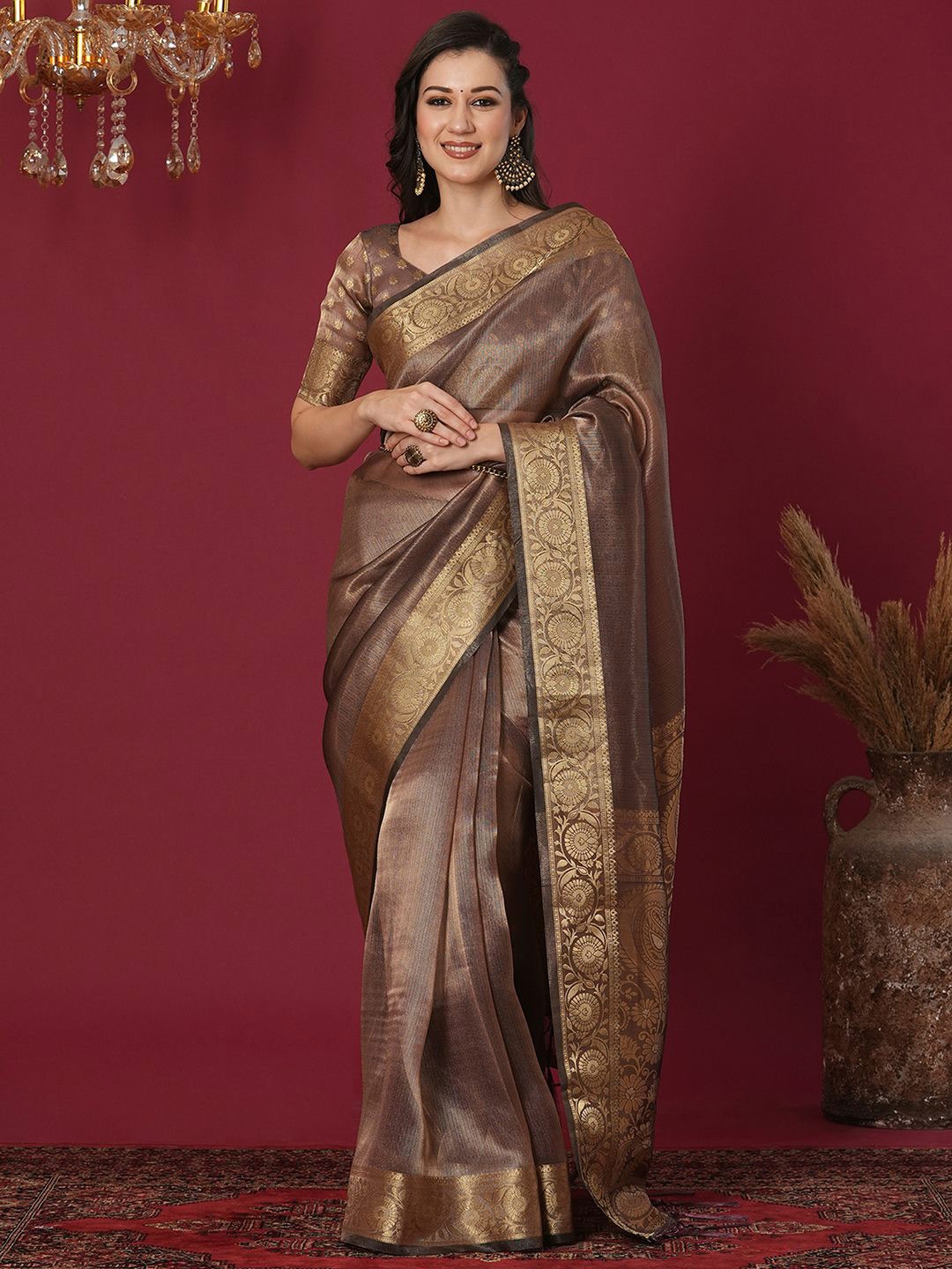 

Mitera Woven Design Zari Organza Saree, Mauve