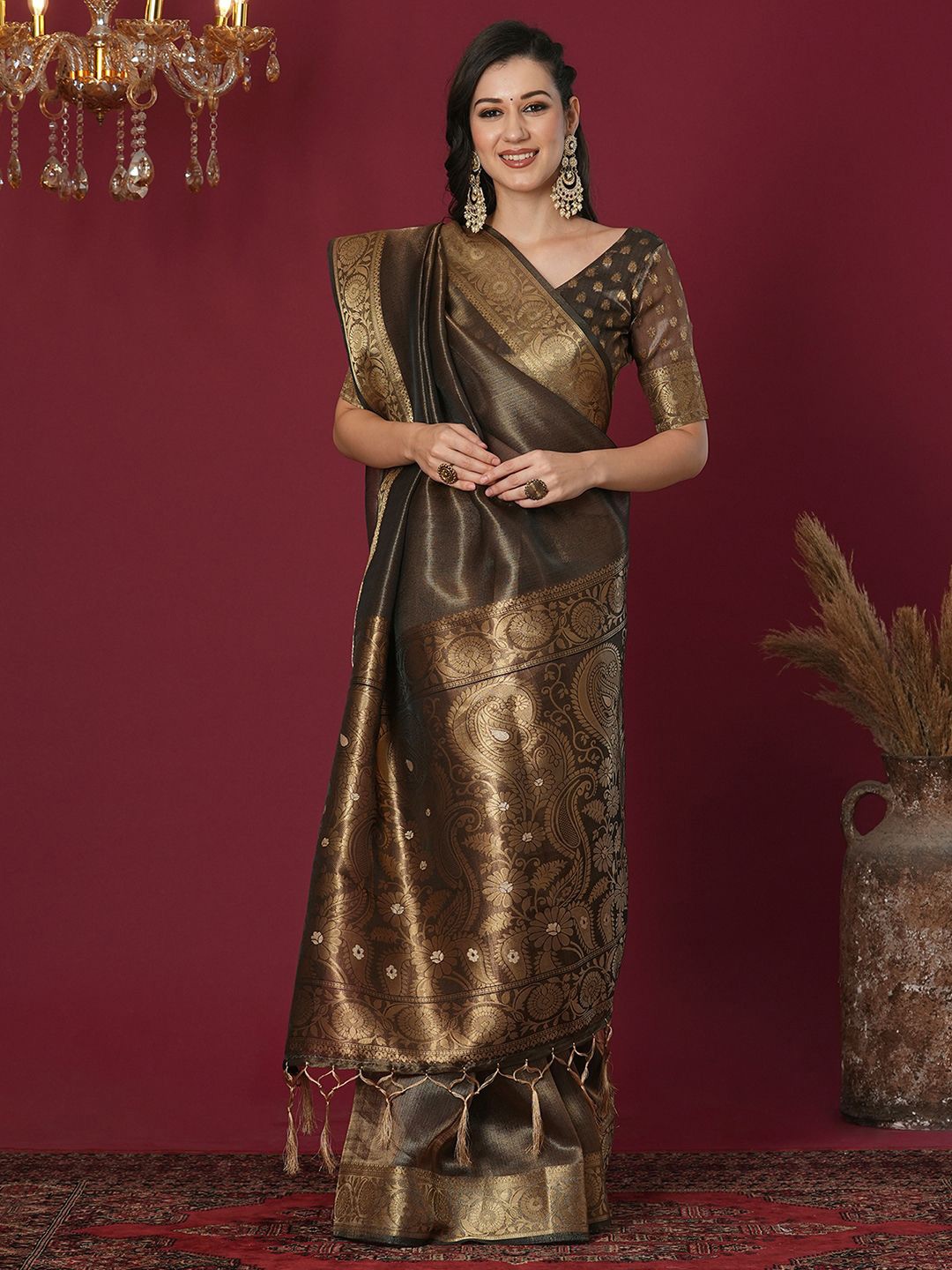 

Mitera Woven Design Zari Organza Saree, Brown