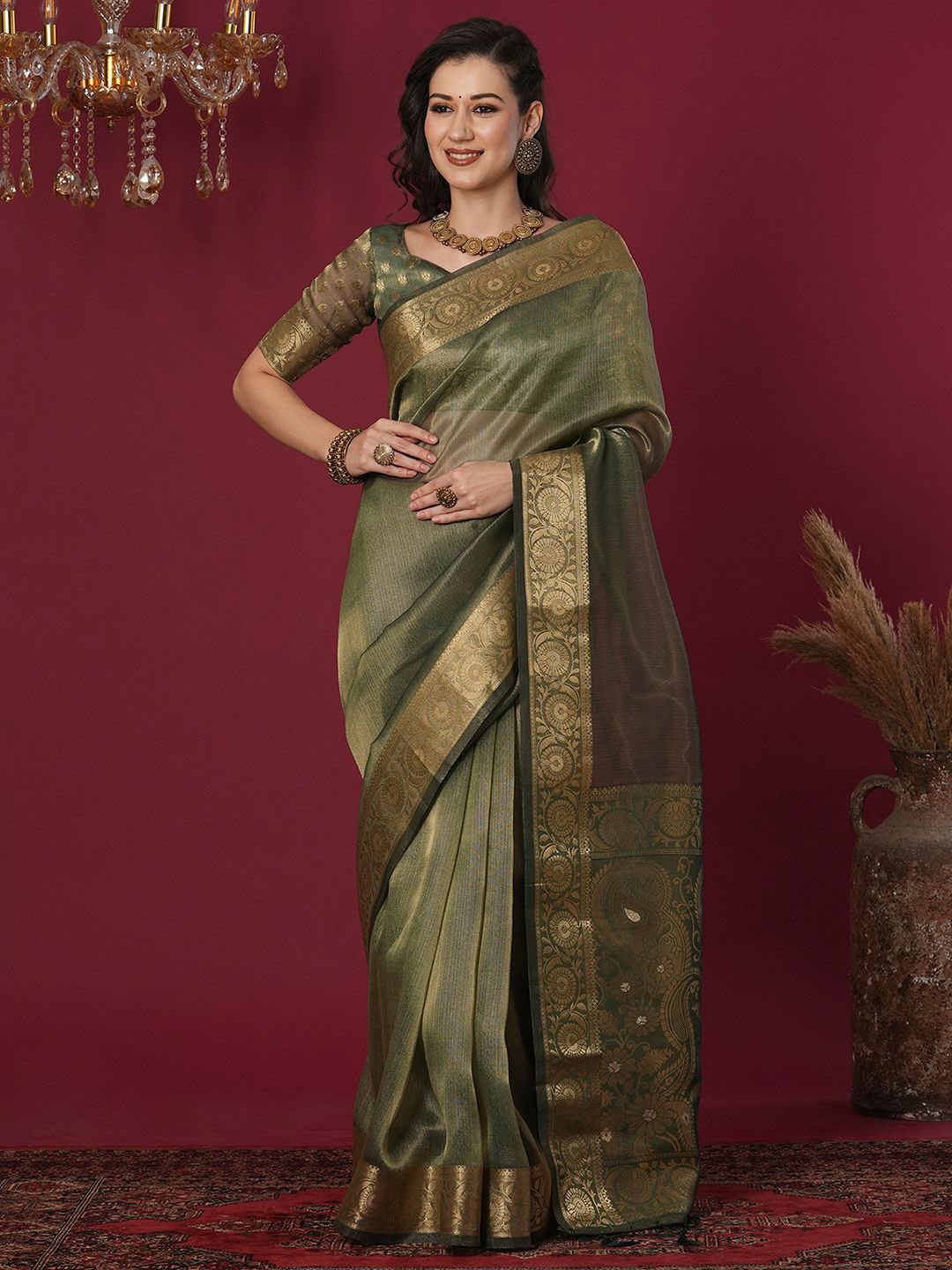 

Mitera Woven Design Zari Organza Saree, Green