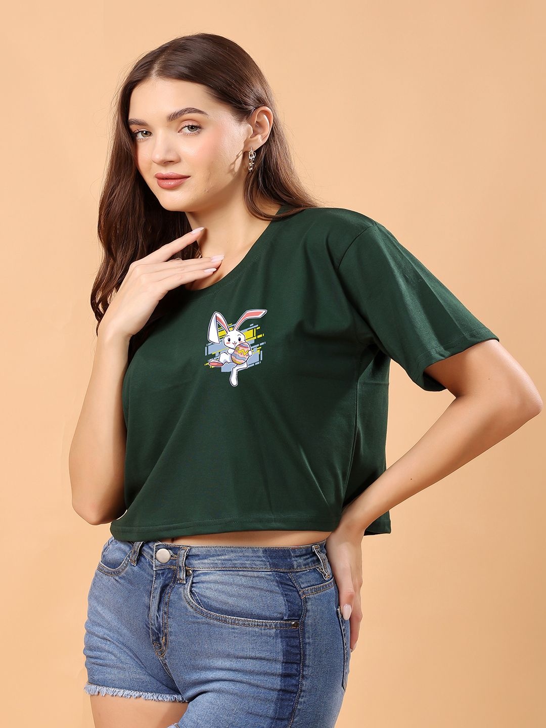 

SWIFTLY Women Bio Finish Graphic Printed Round Neck Cotton Boxy T-shirt, Green