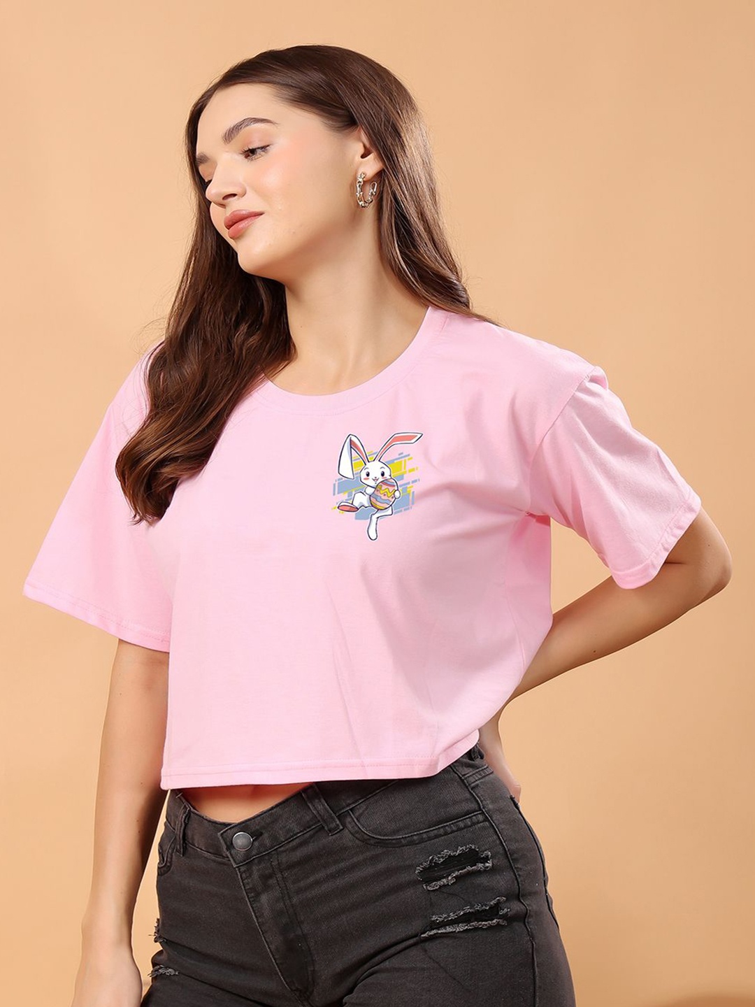 

SWIFTLY Women Bio Finish Graphic Printed Round Neck Cotton Boxy T-shirt, Pink
