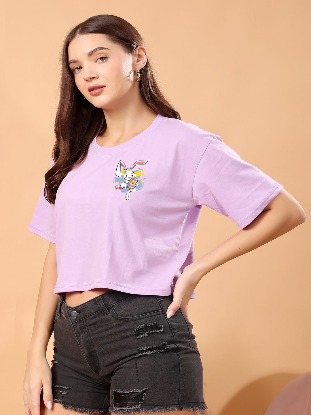 

SWIFTLY Women Bio Finish Graphic Printed Round Neck Cotton Boxy T-shirt, Pink