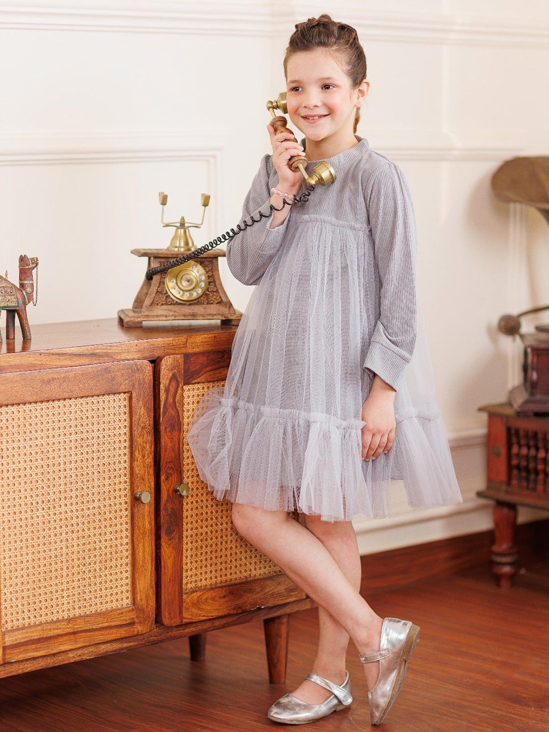

Arsya Girls High Neck A-Line Dress, Grey