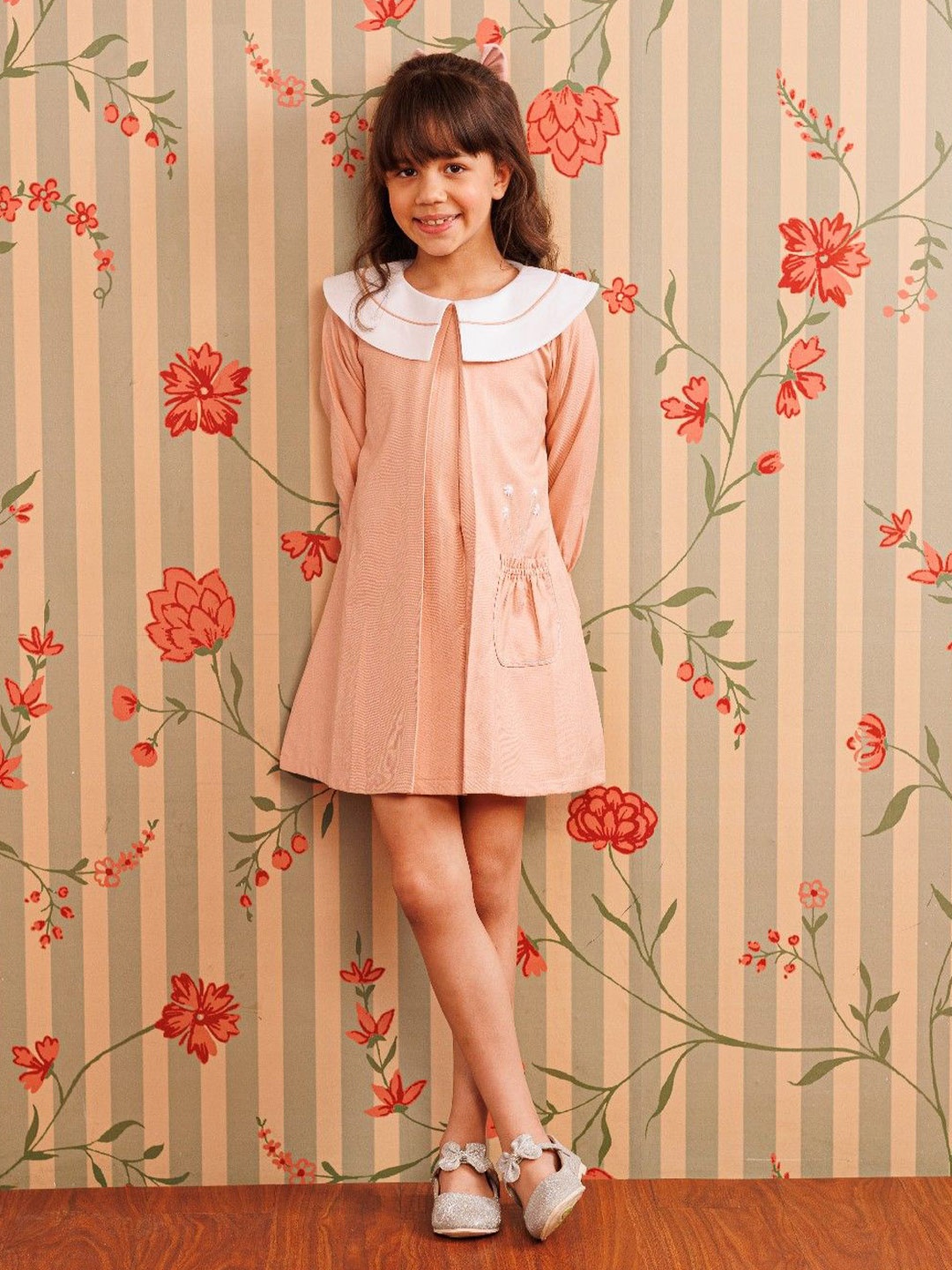 

Arsya Girls Embroidered Peter Pan Collar Bell Sleeve A-Line Dress, Peach