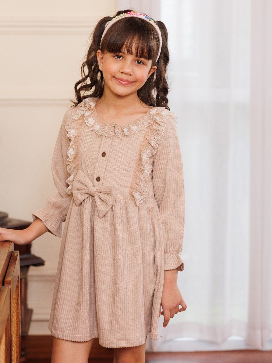 

Arsya Girls Puff Sleeve Bow Detailed A-Line Dress, Beige