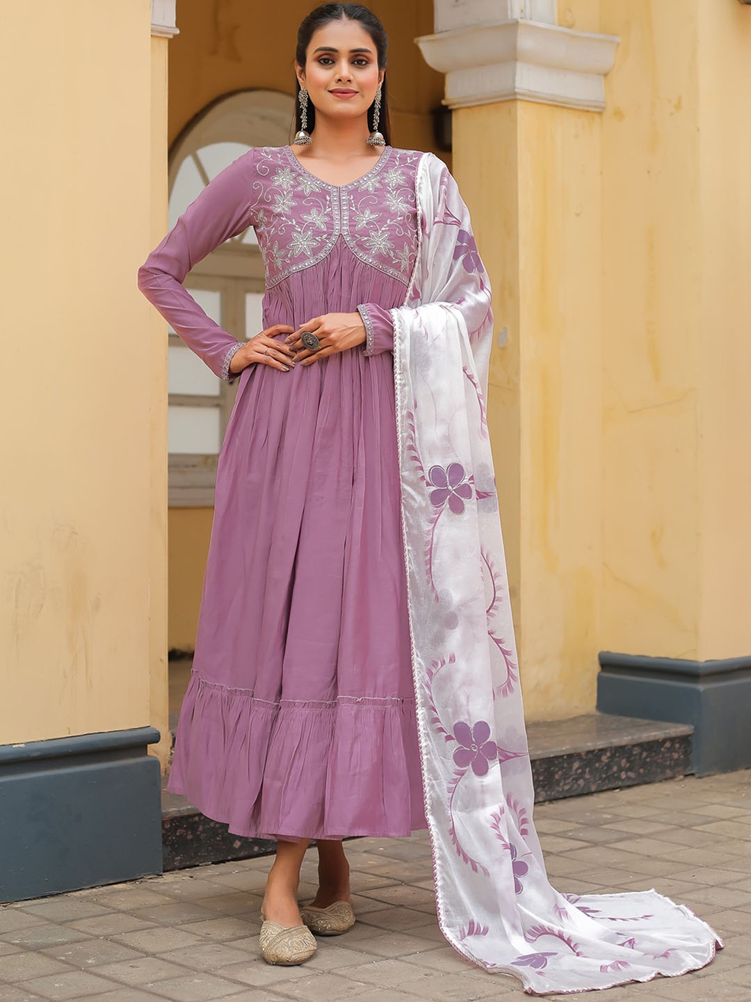 

Rajnandini Floral Embroidered Empire Notch Neck Sequinned Kurta And Dupatta, Purple