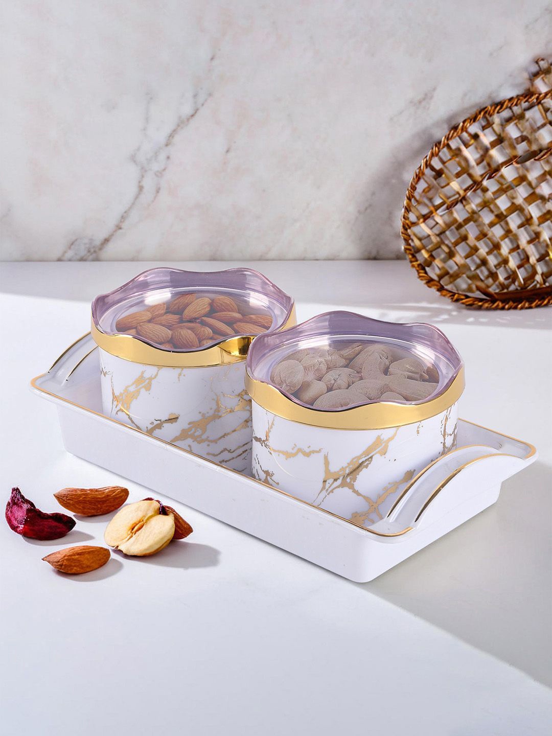 

Kuber Industries White & Gold Toned Containers With Serving Tray