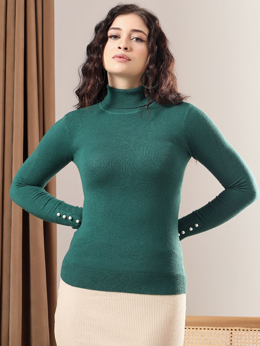 

Kotty Women Ribbed High Neck Pullover, Green