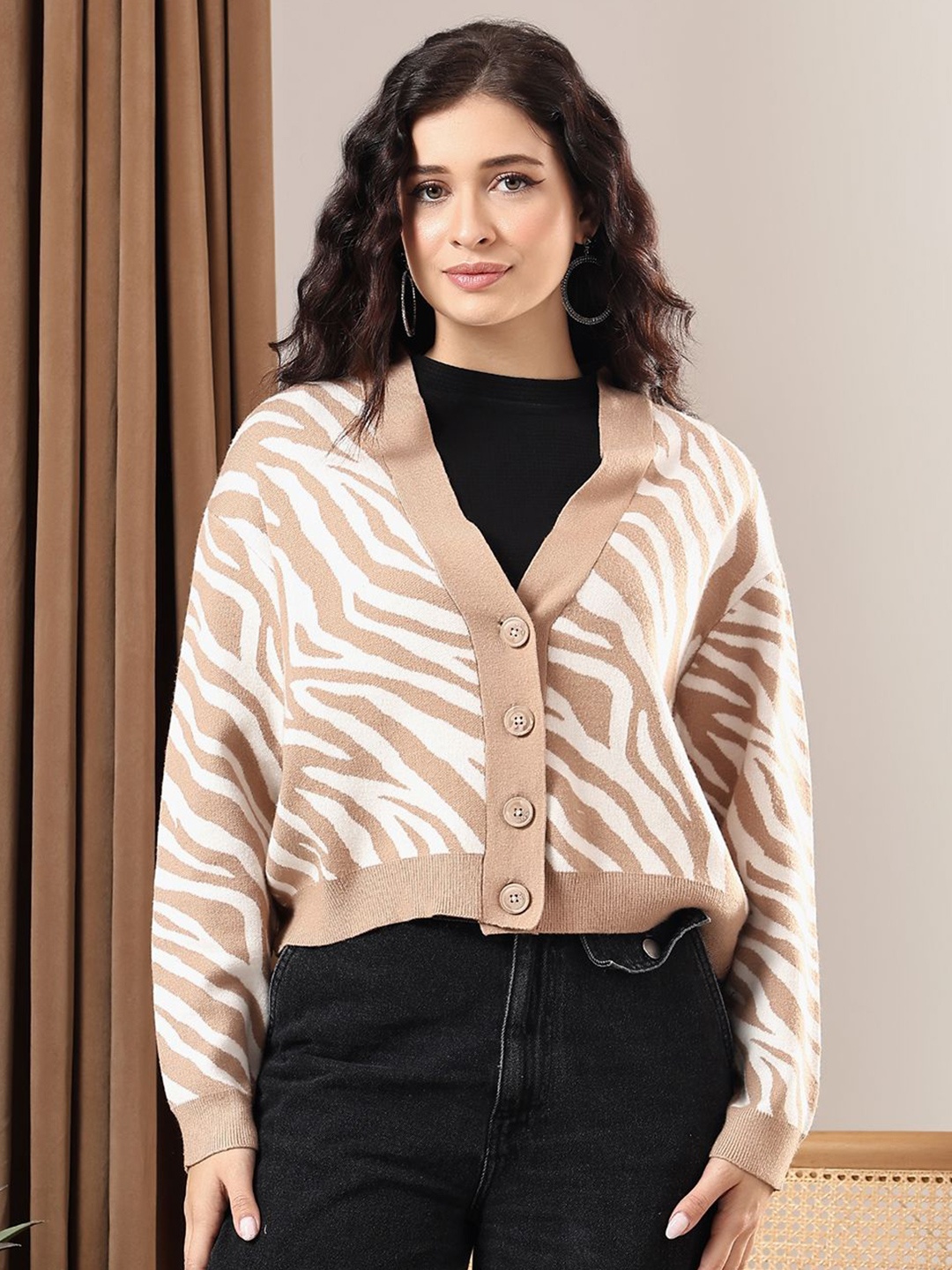 

Kotty Women Animal Printed Crop Cardigan Sweaters, Brown