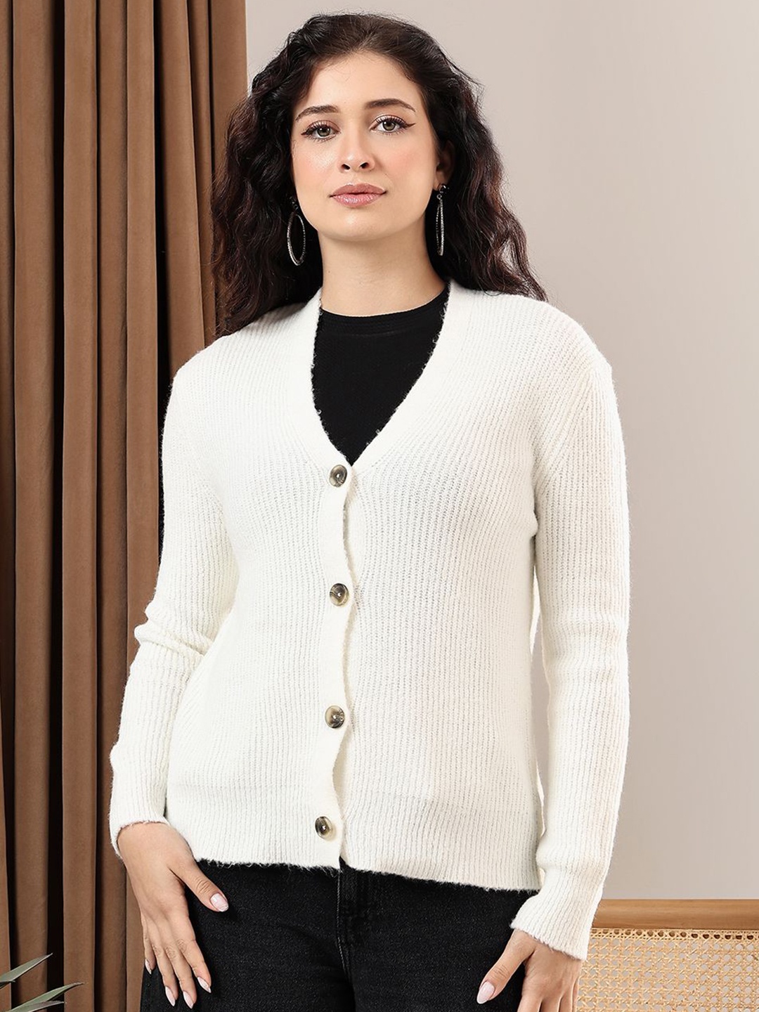 

Kotty Women Ribbed V-Neck Long Sleeves Cardigan, White