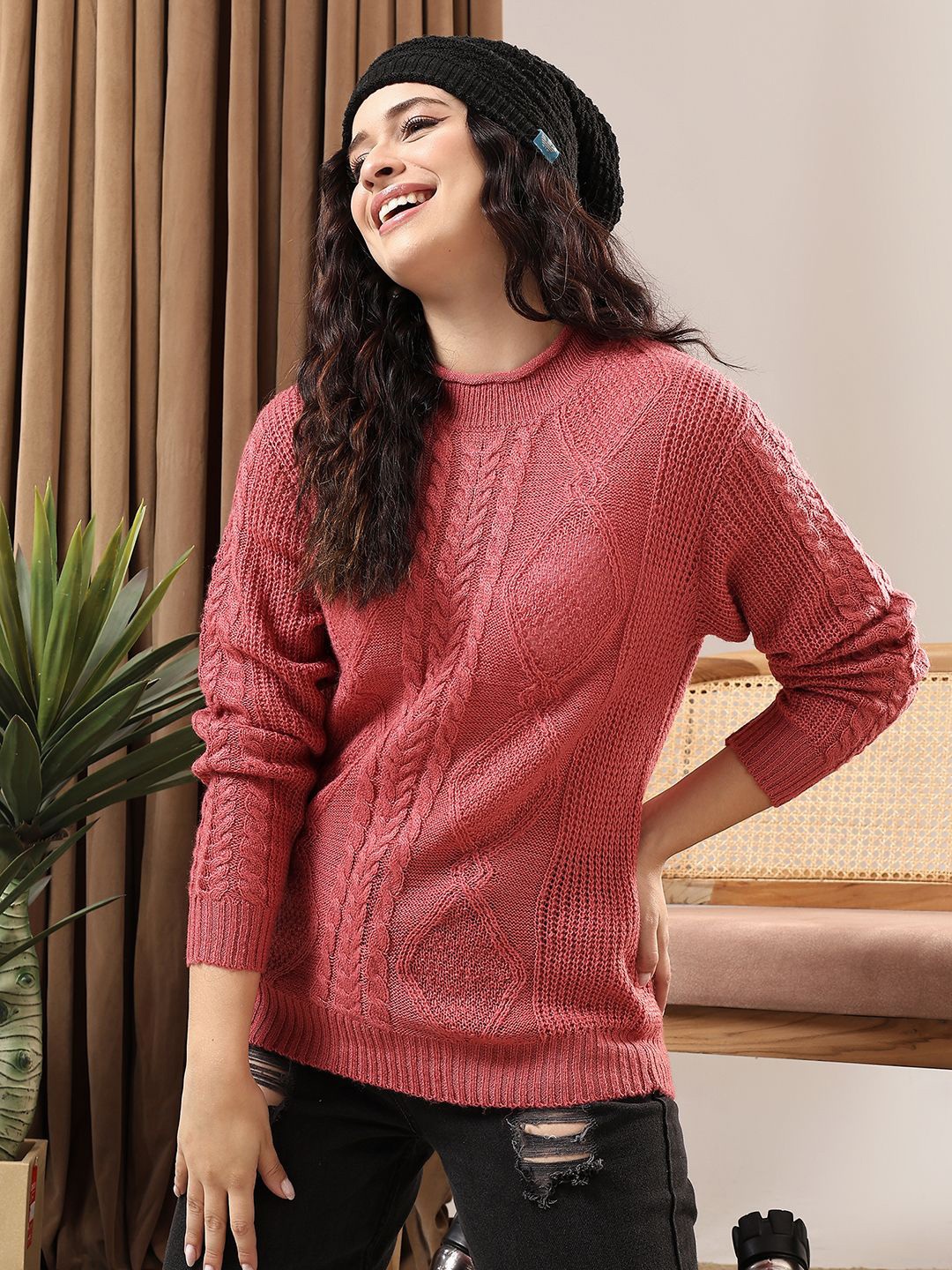 

Kotty Women Self Design Cable Knit Pullover Sweaters, Red