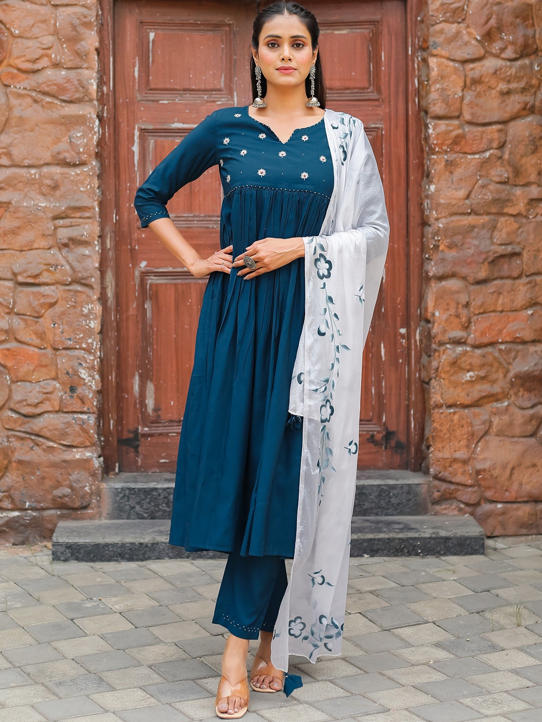 

Roly Poly Floral Embroidered Pleated Notch Neck A-Line Kurta With Trousers And Dupatta, Navy blue